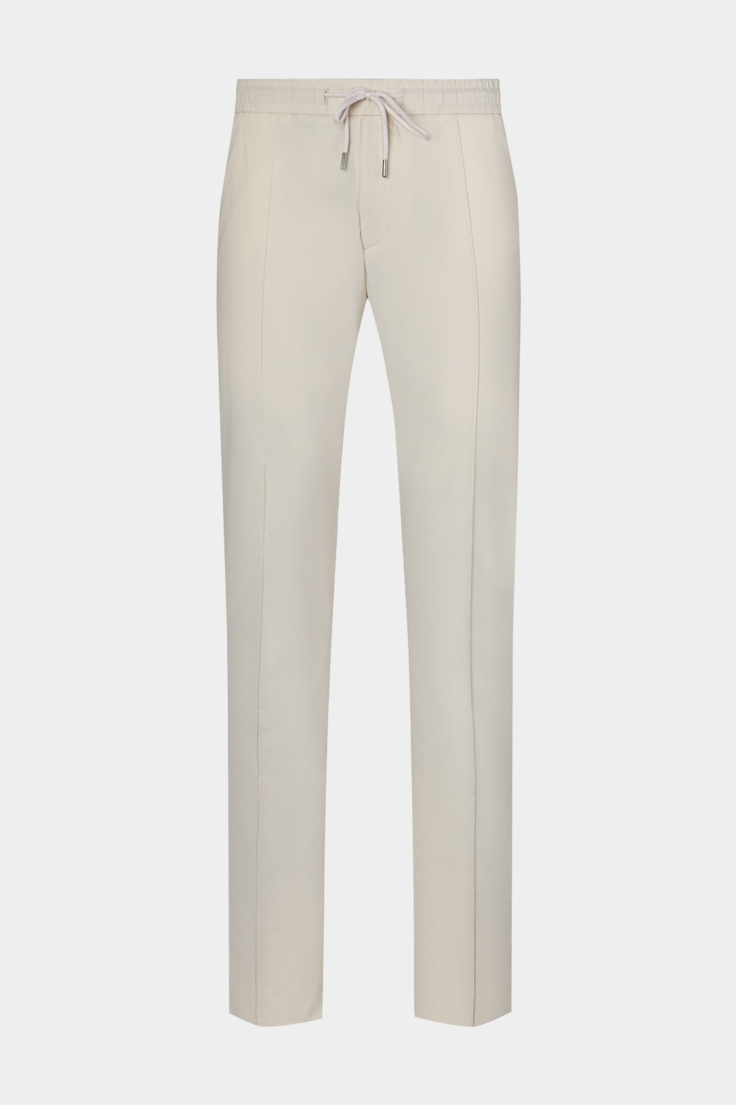 Vue sur fond blanc d'un pantalon jogpant Donatela de couleur écru. Sur un tissu italien en 77% polyamide 23% élasthanne de chez Olmetex.