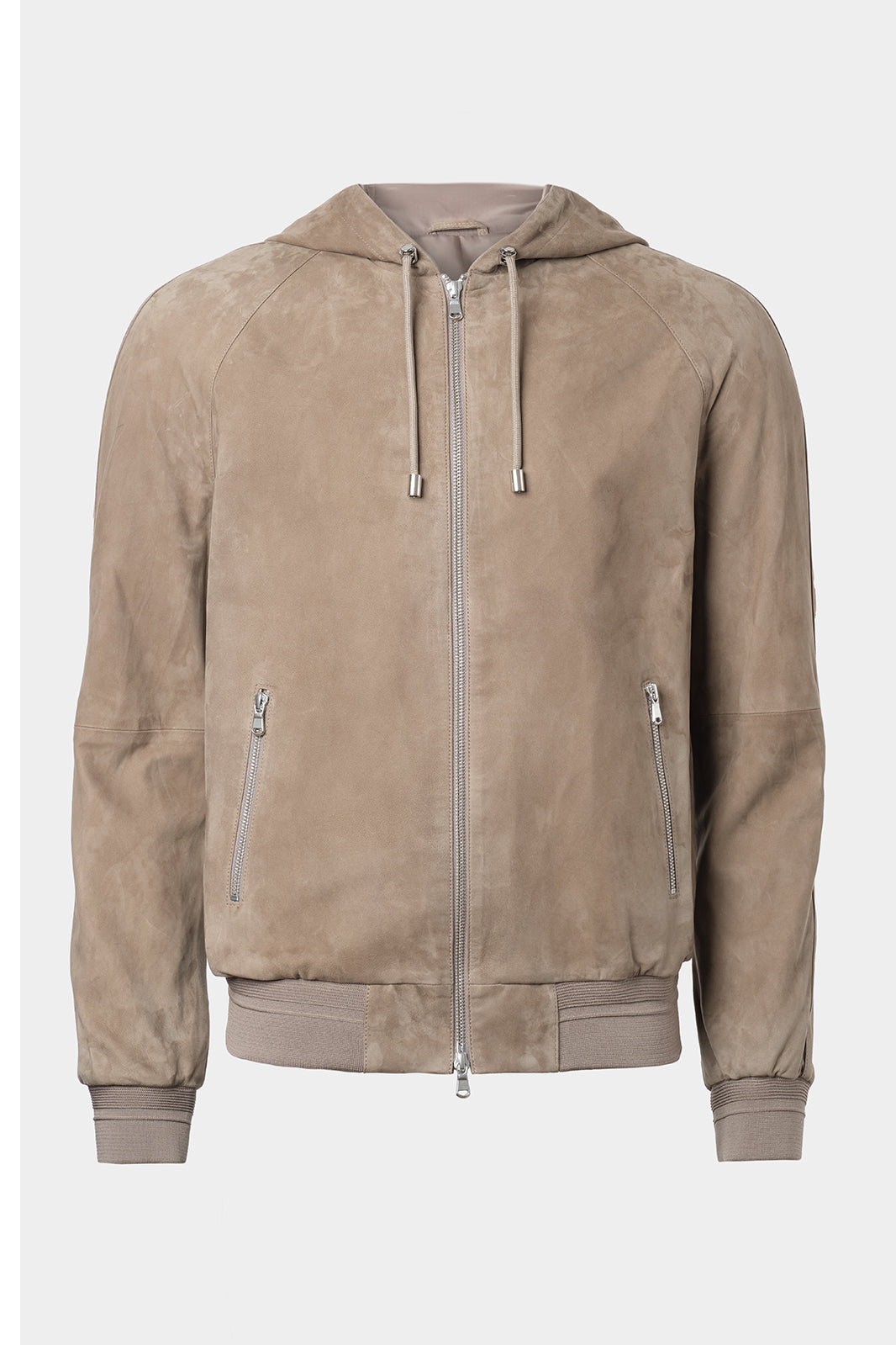 Vue sur fond blanc d'un Blouson en peau à capuche zippé en taupe