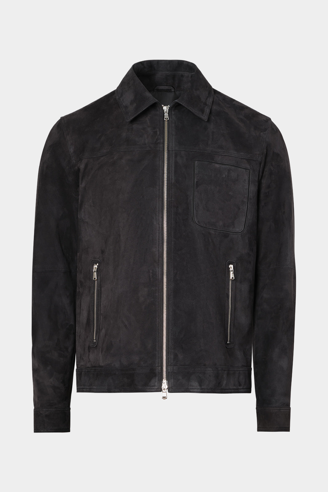 Vue sur fond blanc d'un blouson zippé en 100% peau noir 