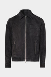 Vue sur fond blanc d'un blouson zippé en 100% peau noir 