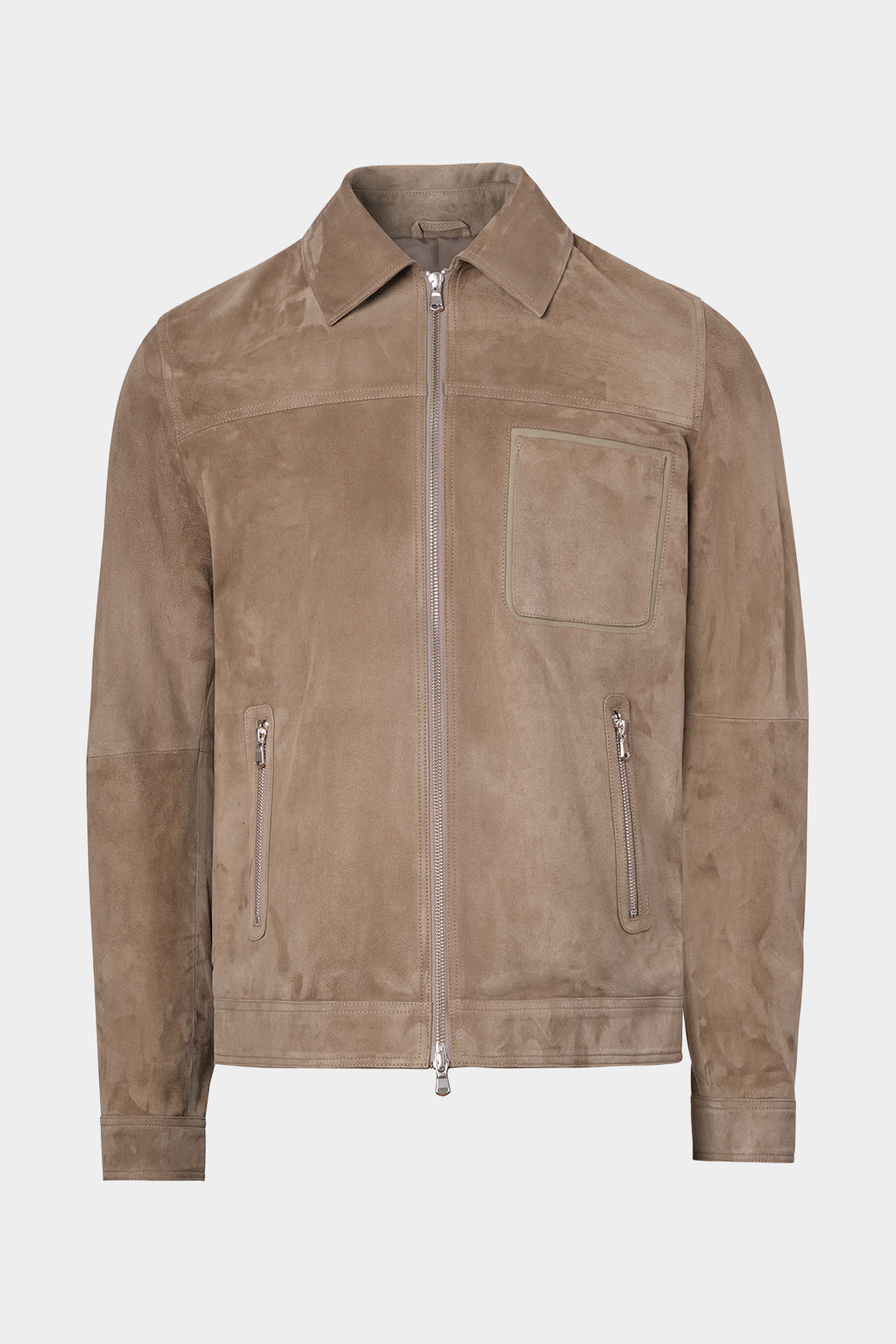 Vue sur fond blanc d'un blouson zippé en peau taupe