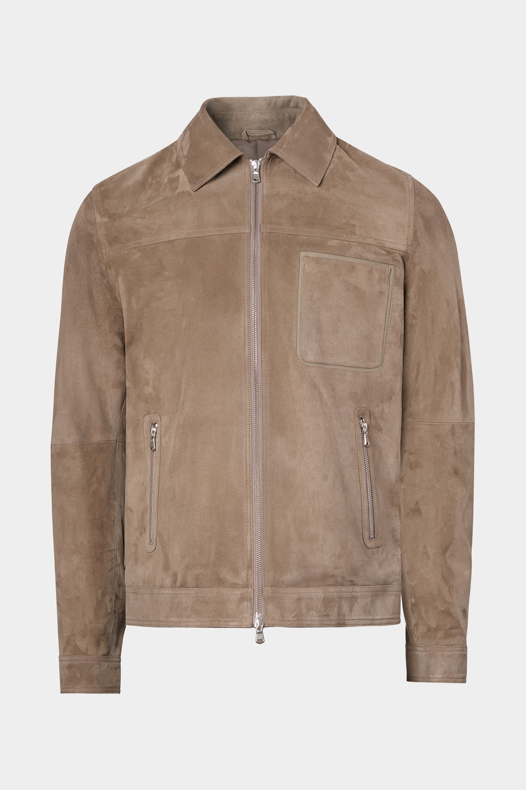 Vue sur fond blanc d'un blouson zippé en peau taupe