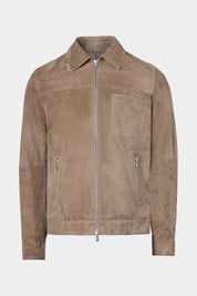 Vue sur fond blanc d'un blouson zippé en peau taupe