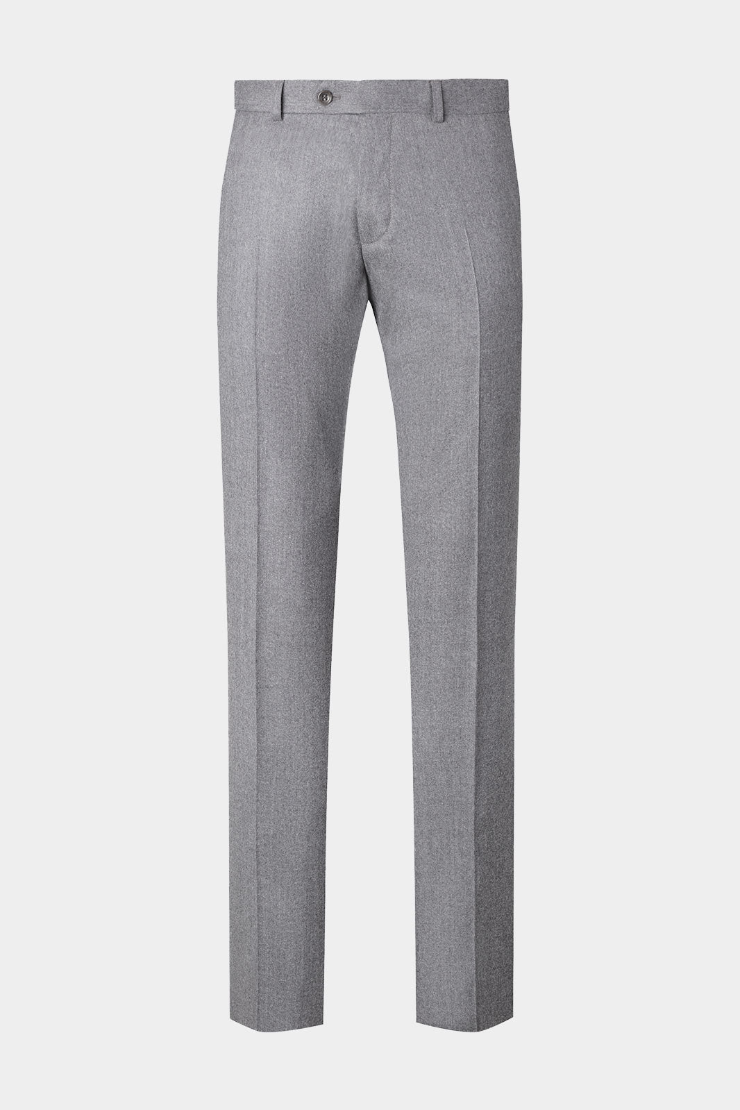 Vue sur fond blanc d'un pantalon classique flanelle en gris clair sur un tissu de chez Vitale Barberis Canonico.