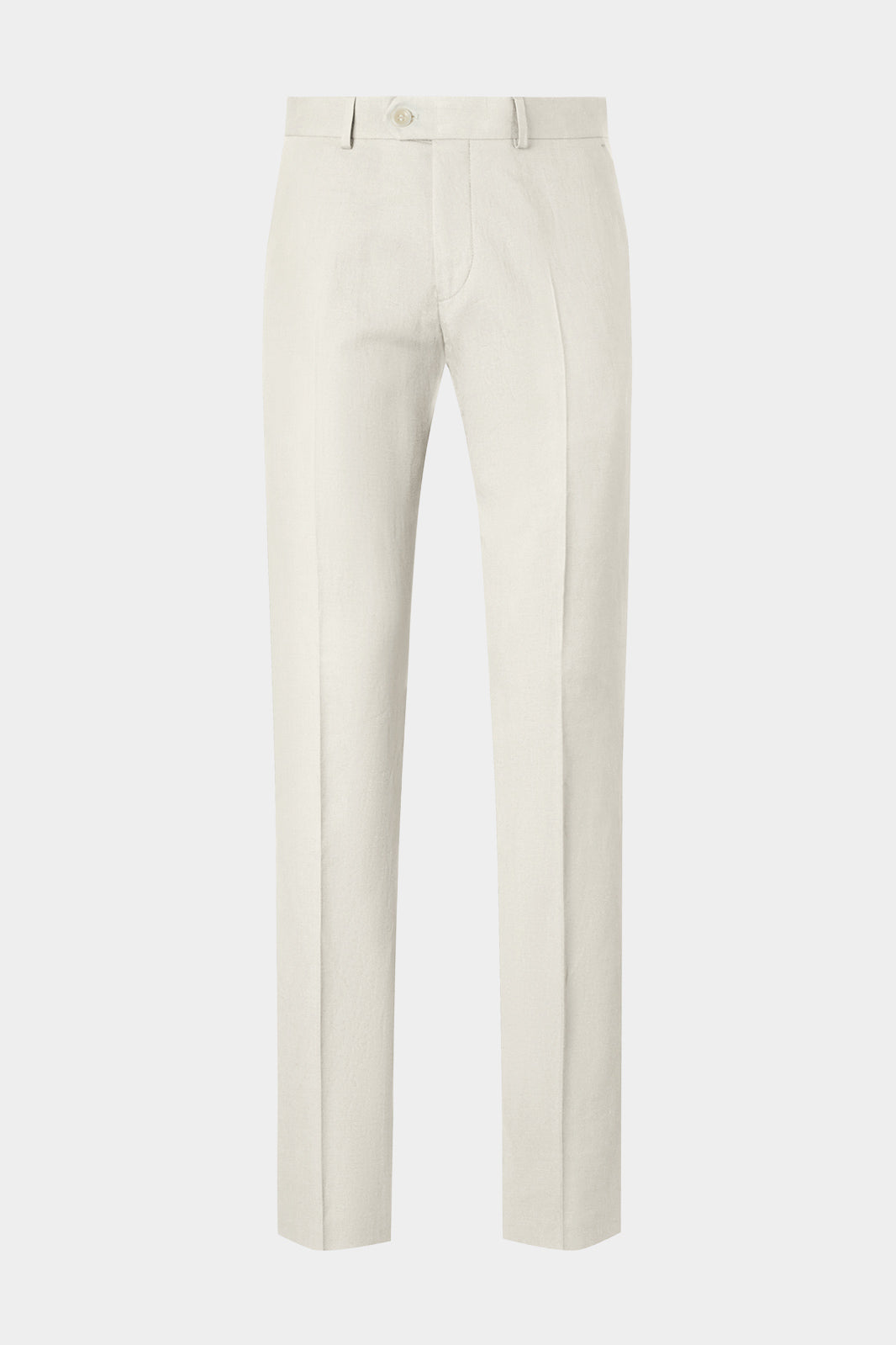Vue sur fond blanc d'un pantalon coton et lin couleur écru sur un tissu en 70% coton et 30% lin.