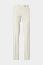 Vue sur fond blanc d'un pantalon coton et lin couleur écru sur un tissu en 70% coton et 30% lin.