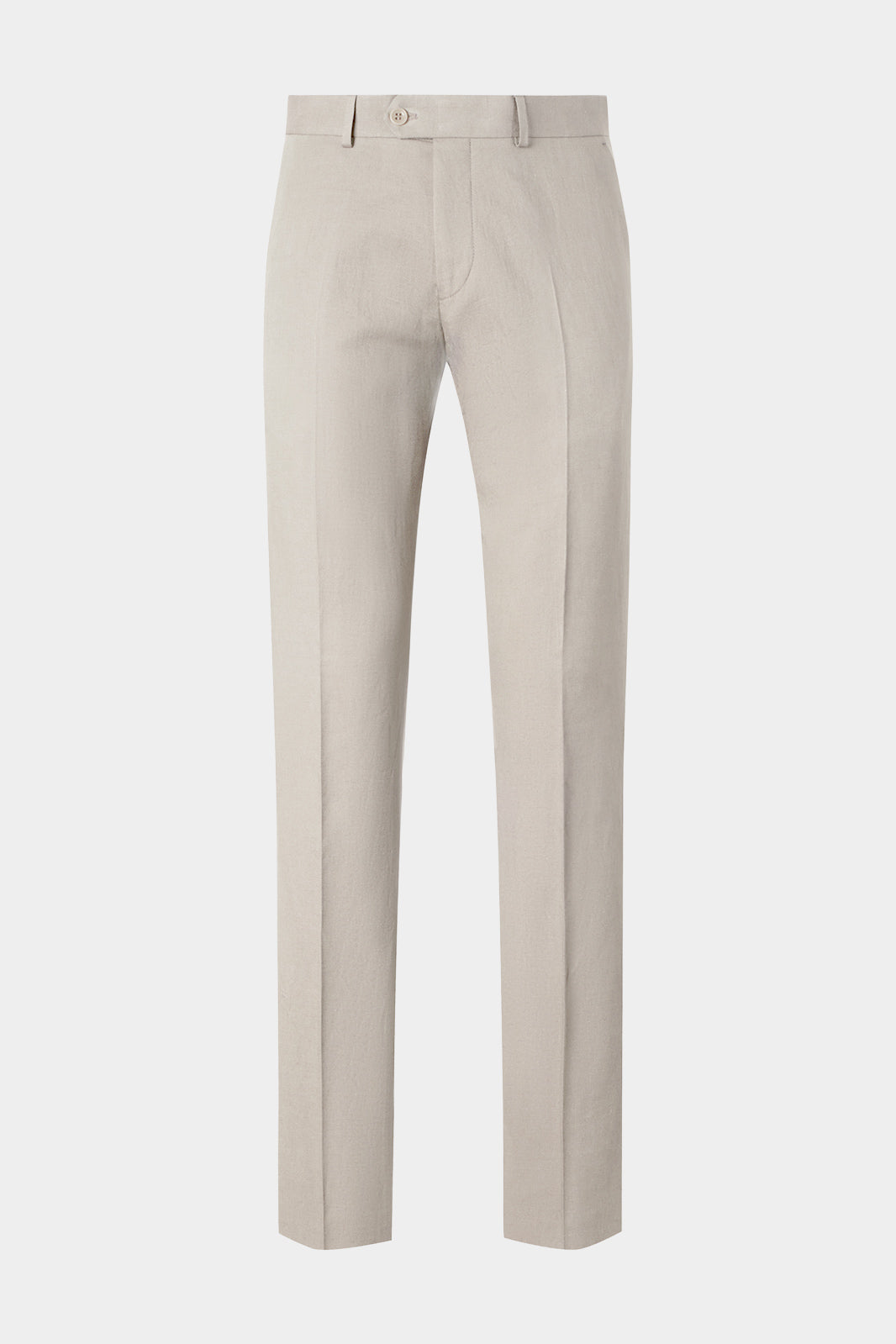 Vue sur fond blanc d'un pantalon coton et lin couleur beige sur un tissu  italien en 70% coton et 30% lin