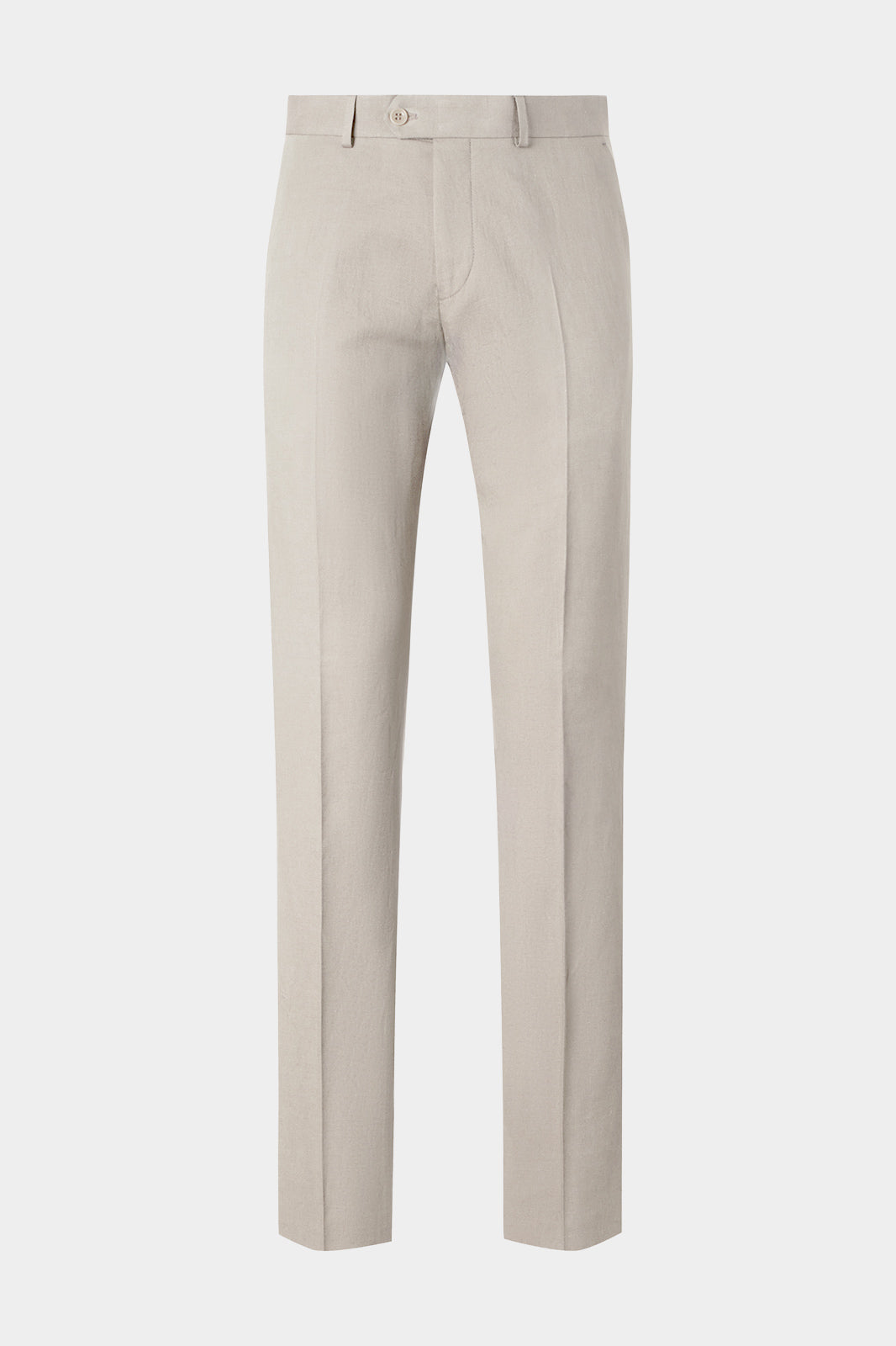 Vue sur fond blanc d'un pantalon coton et lin couleur beige sur un tissu  italien en 70% coton et 30% lin