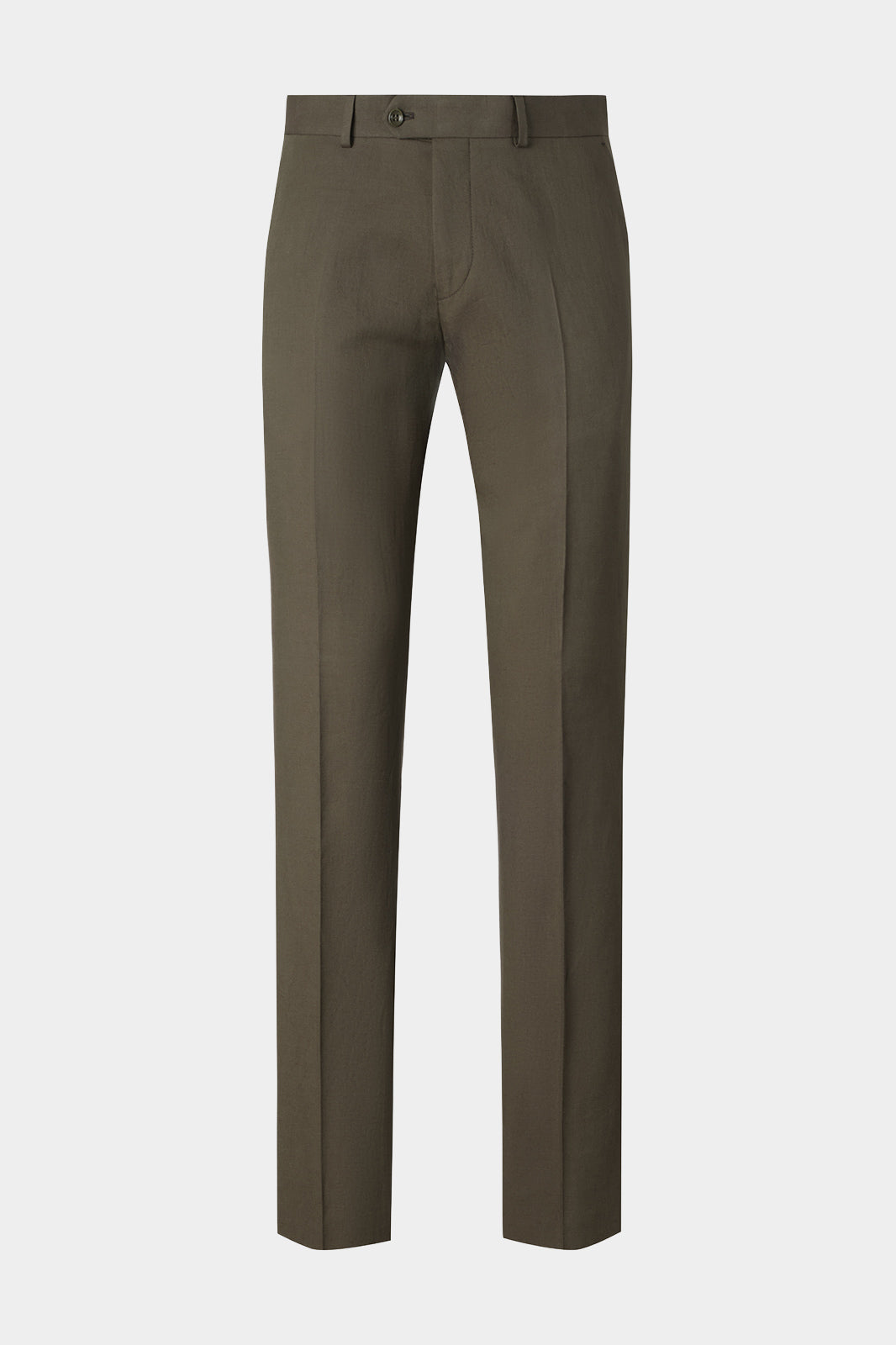 Vue sur fond blanc d'un pantalon coton et lin couleur kaki sur un tissu en 70% coton et 30% lin.