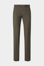 Vue sur fond blanc d'un pantalon coton et lin couleur kaki sur un tissu en 70% coton et 30% lin.