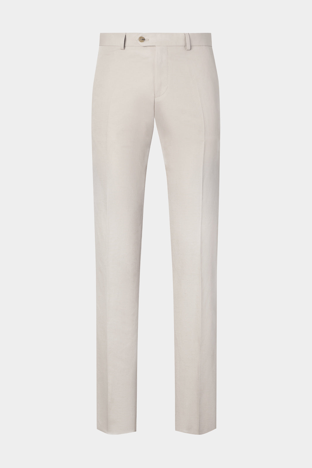 Vue sur fond blanc d'un pantalon en 75% coton 25% lin de chez LeoMaster couleur écru.