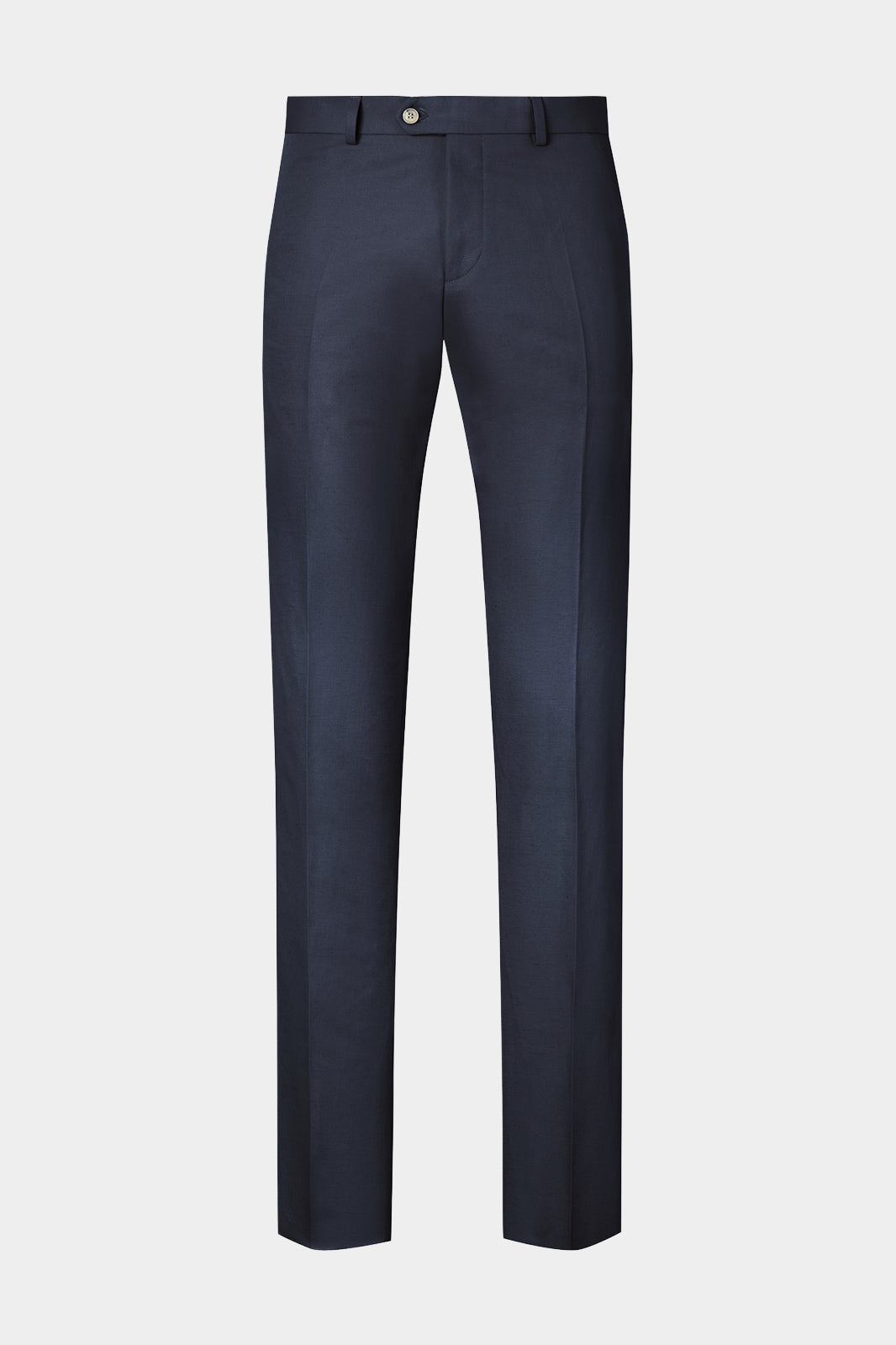Vue sur fond blanc d'un pantalon en 75% coton 25% lin de chez LeoMaster couleur marine.