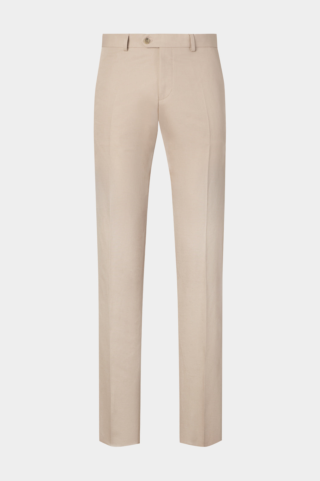 Vue sur fond blanc d'un pantalon en 75% coton 25% lin de chez LeoMaster couleur beige.