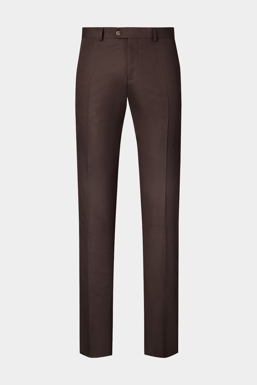 Vue sur fond blanc d'un pantalon en 75% coton 25% lin de chez LeoMaster couleur marron.