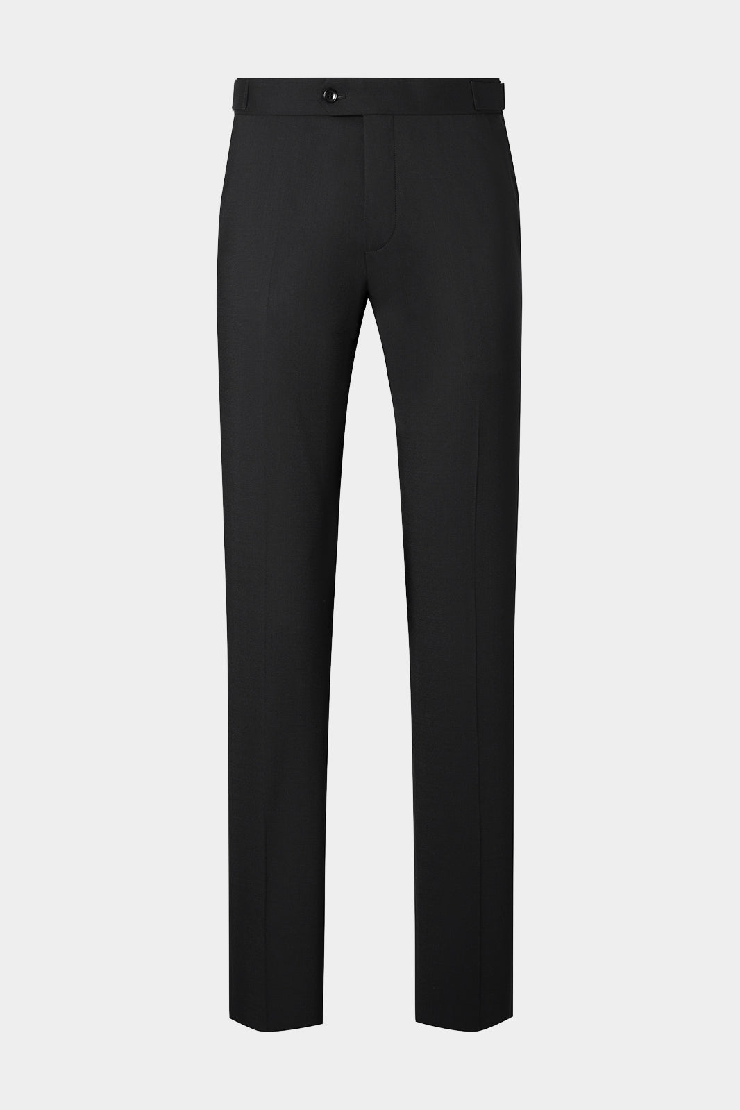 Vue sur fond blanc d'un pantalon à patte de serrage en lin stretch noir 