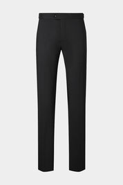 Vue sur fond blanc d'un pantalon à patte de serrage en lin stretch noir 