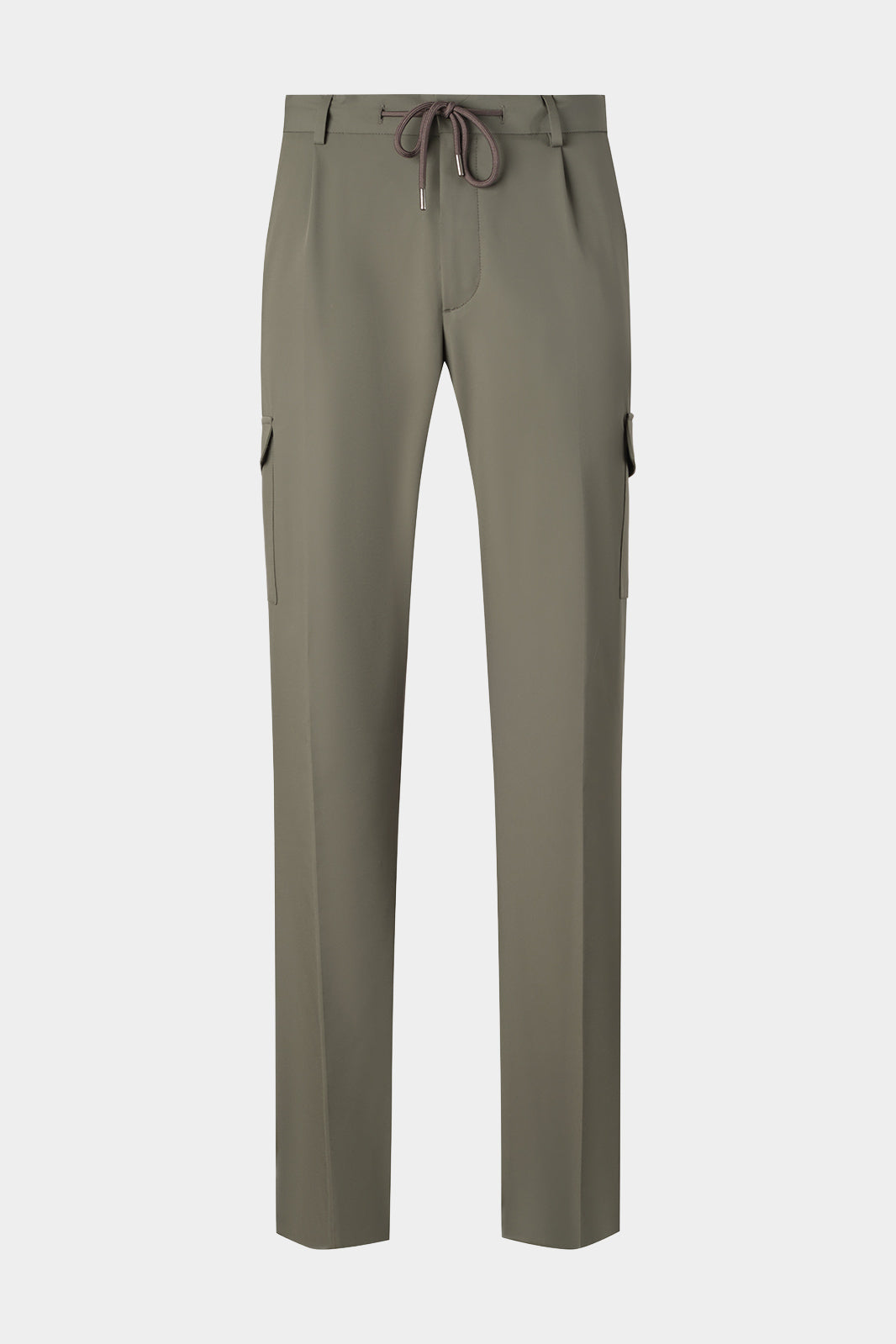 Vue sur fond blanc d'un jogpant cargo kaki en tissu technique de chez Olmetex