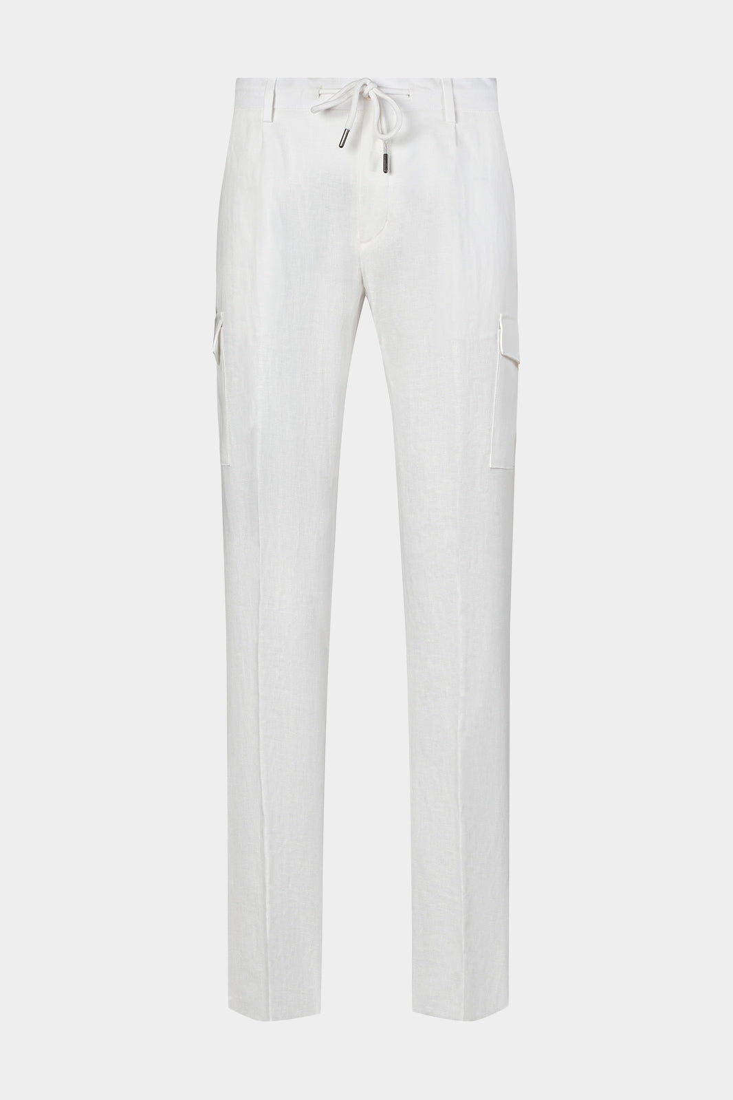 Vue sur fond blanc d'un pantalon en 100% lin blanc 