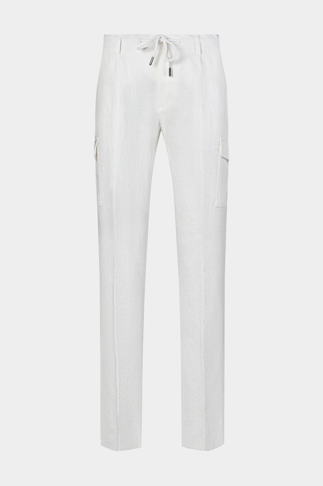Vue sur fond blanc d'un pantalon en 100% lin blanc 