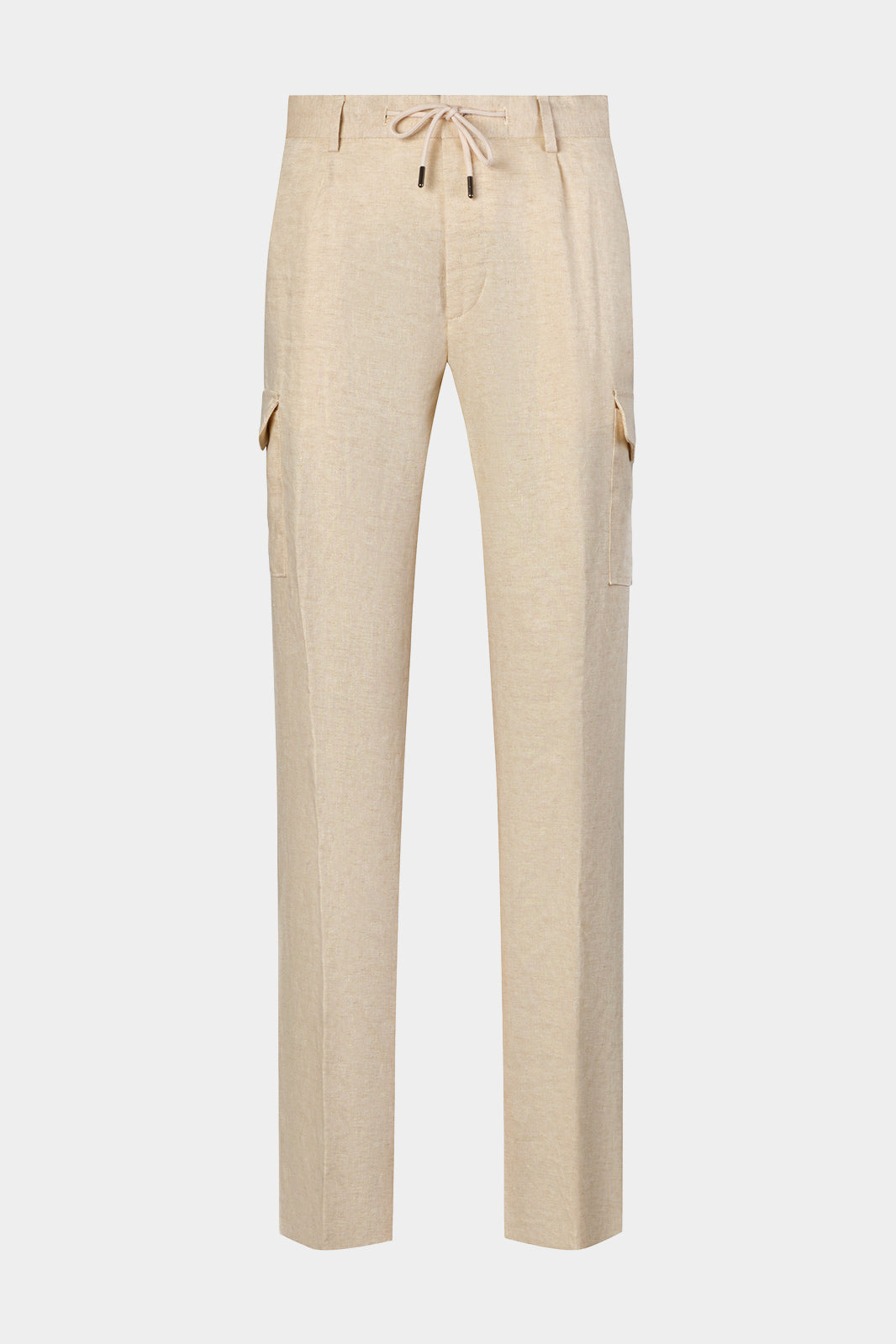 Vue sur fond blanc d'un jogpant cargo en 100% lin de chez LeoMaster beige
