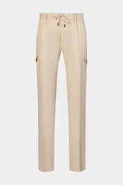 Vue sur fond blanc d'un jogpant cargo en 100% lin de chez LeoMaster beige