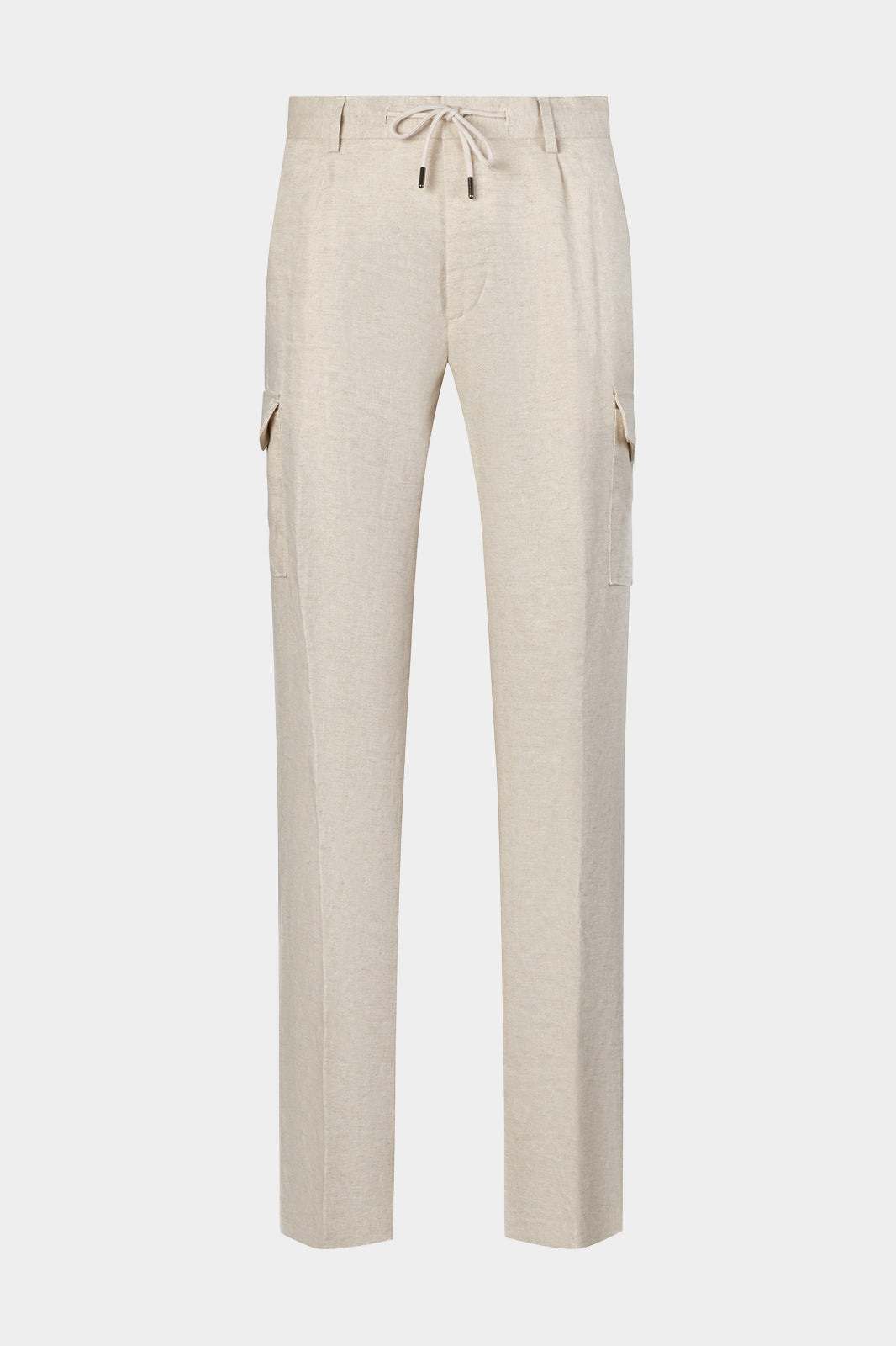 Vue sur fond blanc d'un jogpant cargo en 100% linde chez LeoMaster beige clair 
