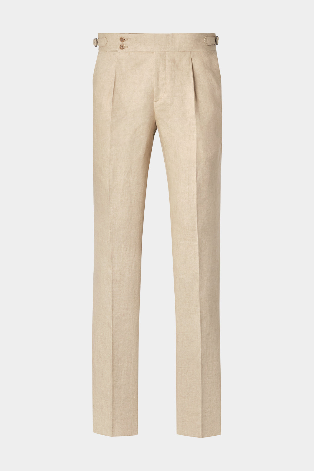 Vue sur fond blanc d'un pantalon à patte de serrage en lin 1 pli sur le devant en beige.