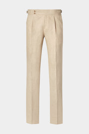 Vue sur fond blanc d'un pantalon à patte de serrage en lin 1 pli sur le devant en beige.