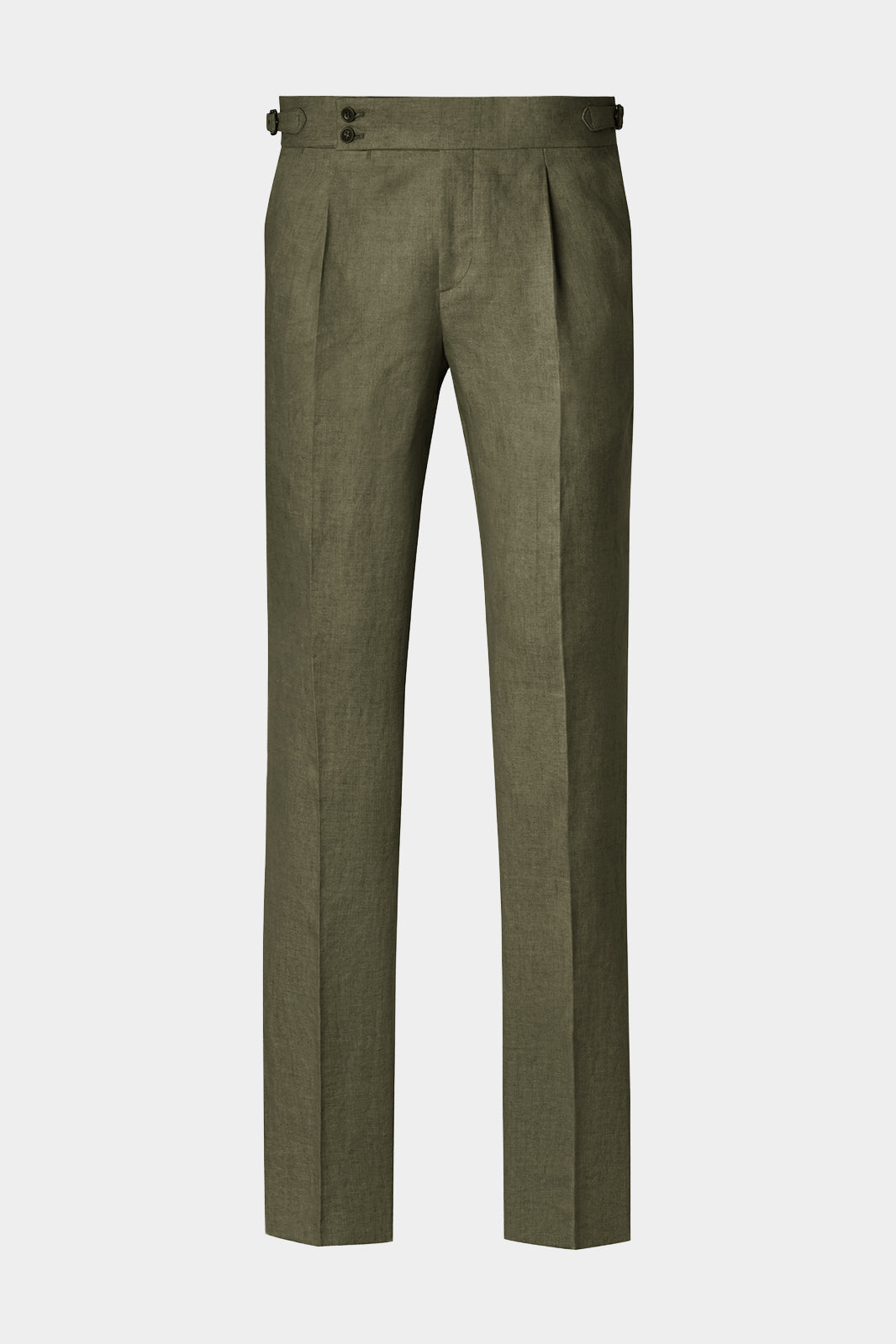 Vue sur fond blanc d'un pantalon en 100% lin kaki avec patte de serrage et pli sur le devant.