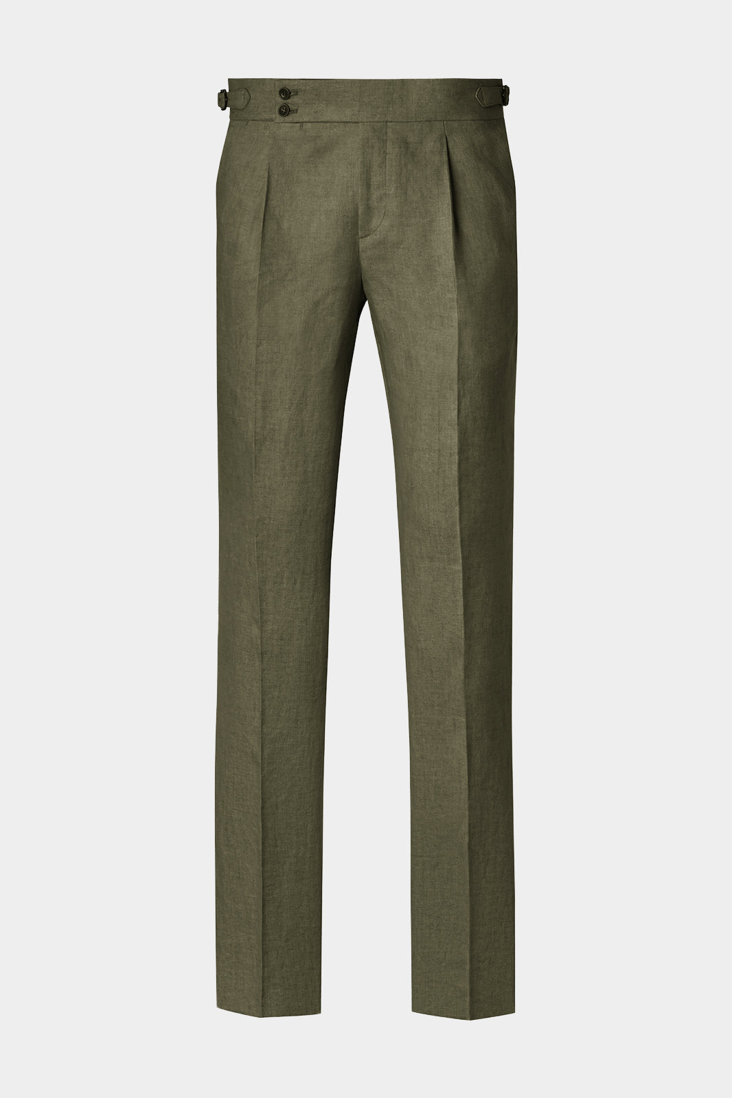 Vue sur fond blanc d'un pantalon en 100% lin kaki avec patte de serrage et pli sur le devant.