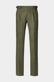 Vue sur fond blanc d'un pantalon en 100% lin kaki avec patte de serrage et pli sur le devant.