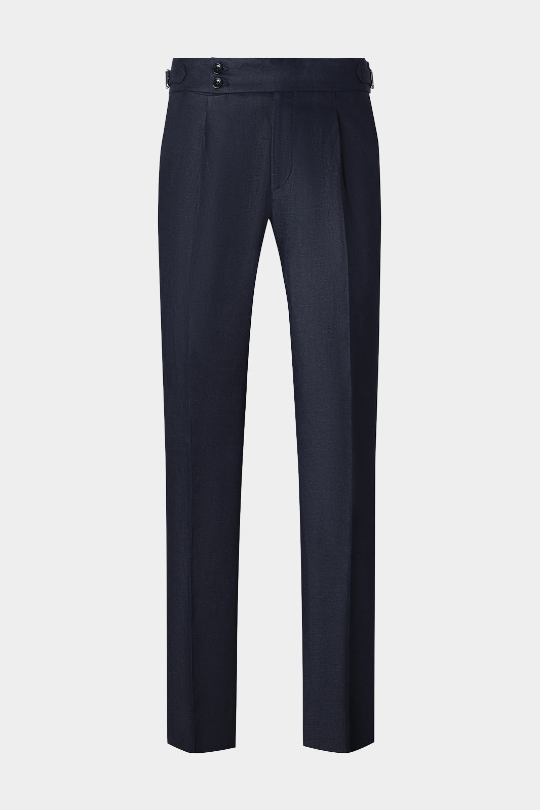 Vue sur fond blanc d'un pantalon en lin à patte de serrage couleur marine. Sur un tissu en 100% lin de chez LeoMaster.