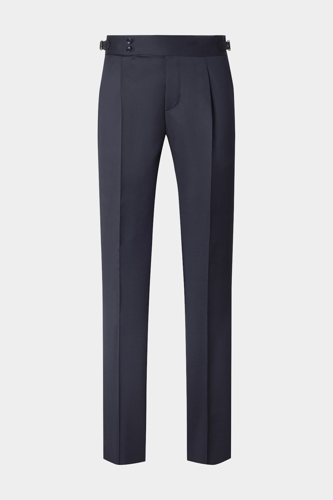 Vue sur fond blanc d'un pantalon à patte de serrage en laine en marine.