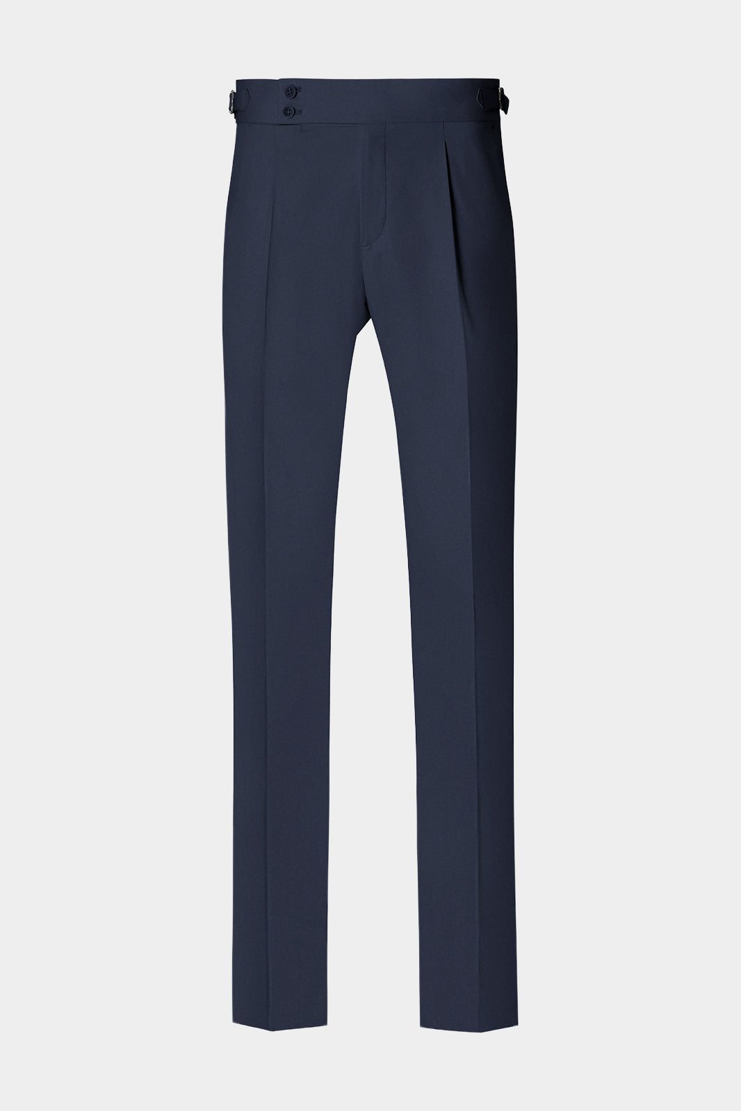 Vue sur fond blanc d'un pantalon à patte de serrage en coton marine.