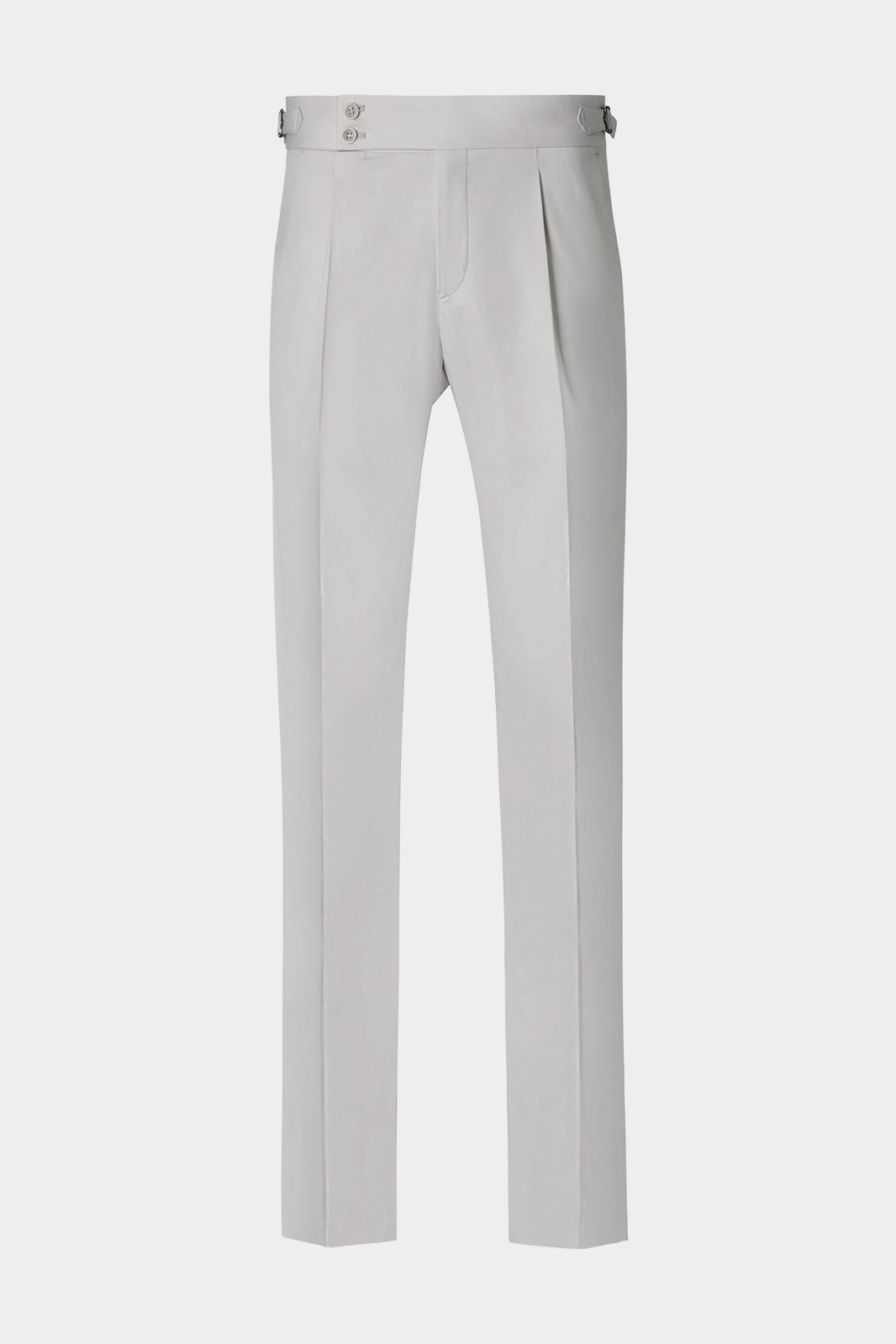 Vue sur fond blanc d'un pantalon à patte de serrage 1 pli sur le devant en coton gris clair.