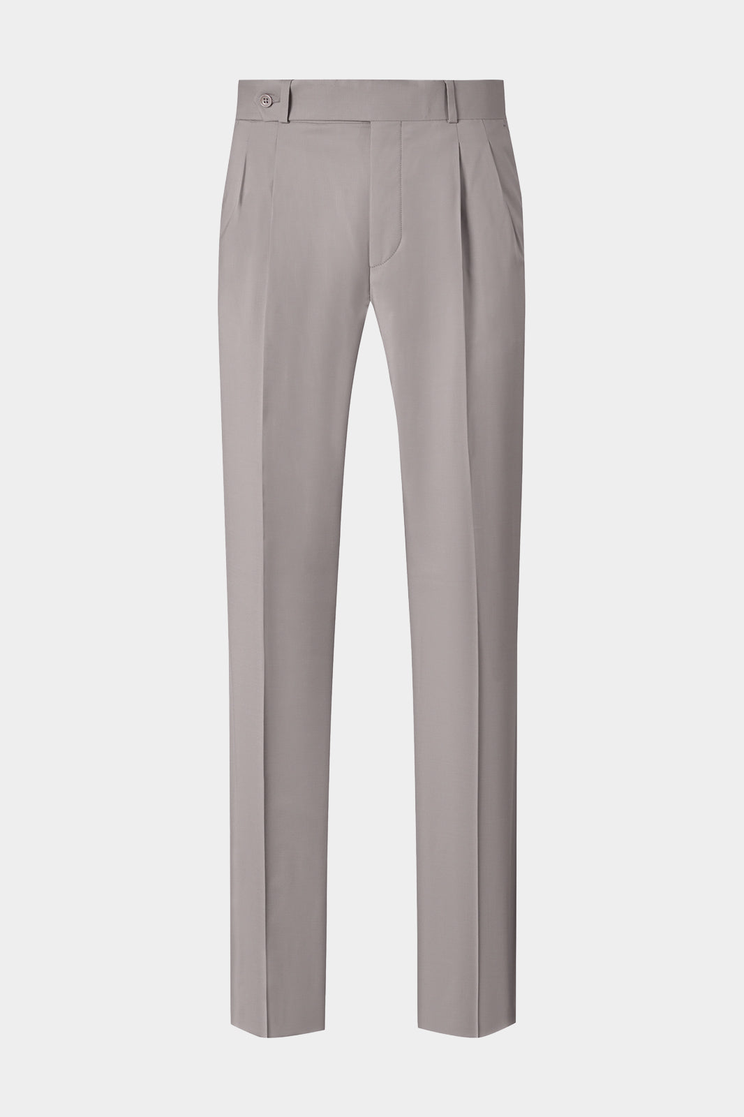 Vue sur fond blanc d'un pantalon double pinces à patte de serrage en laine élasthanne gris