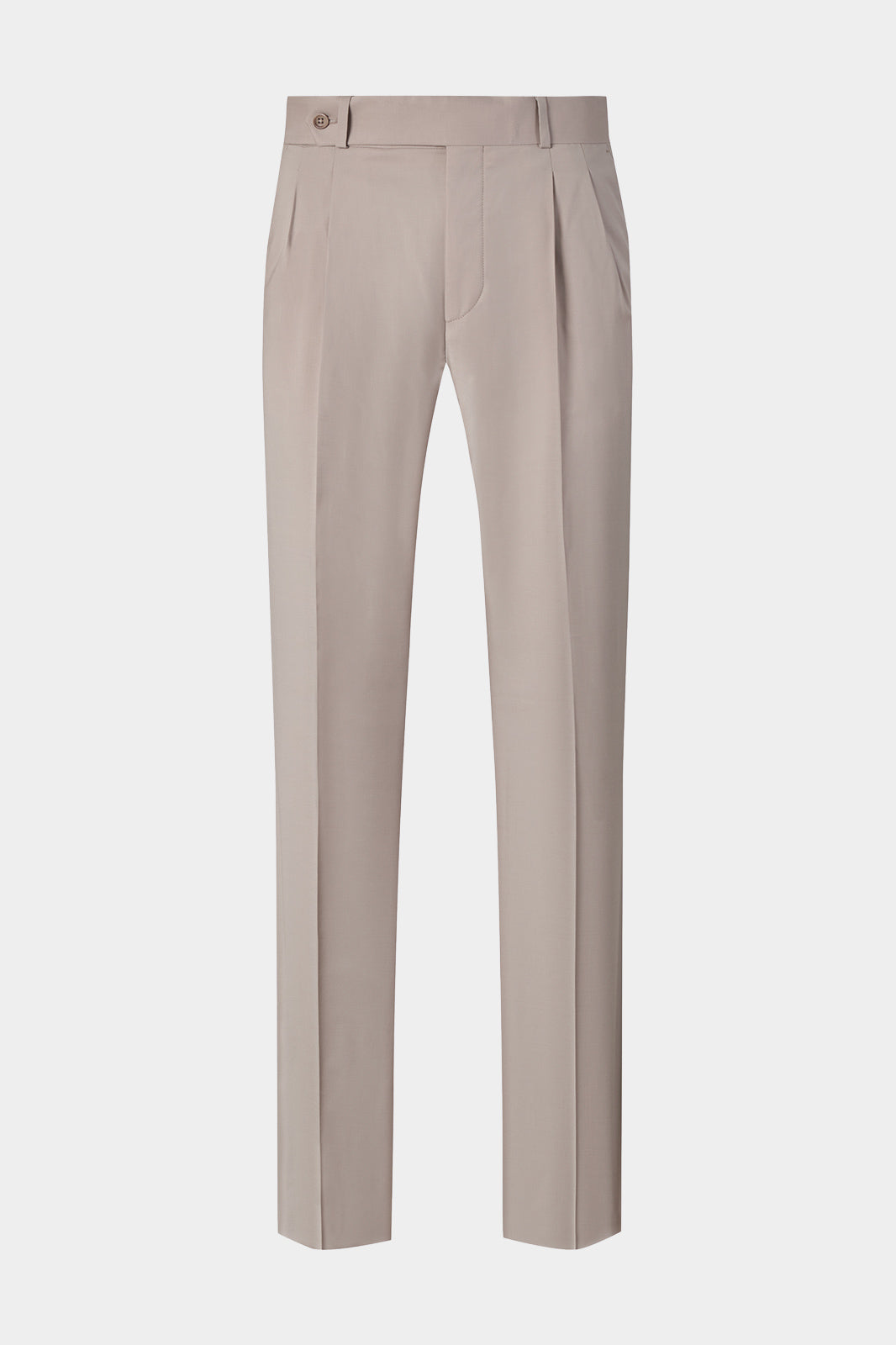 Vue sur fond d'un pantalon double pinces taupe en laine élasthanne