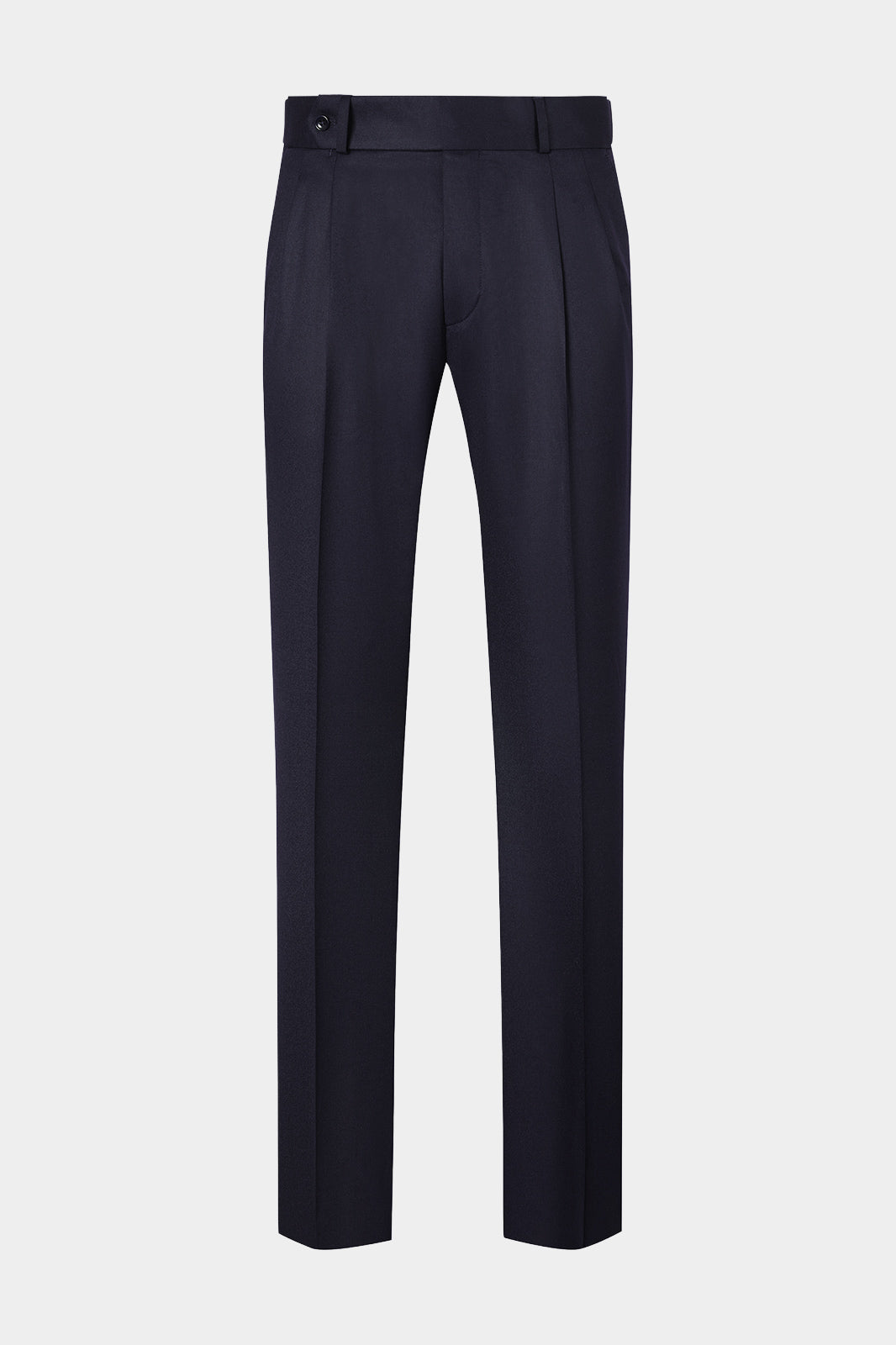 Vue sur fond blanc d'un pantalon double pinces en flanelle marine