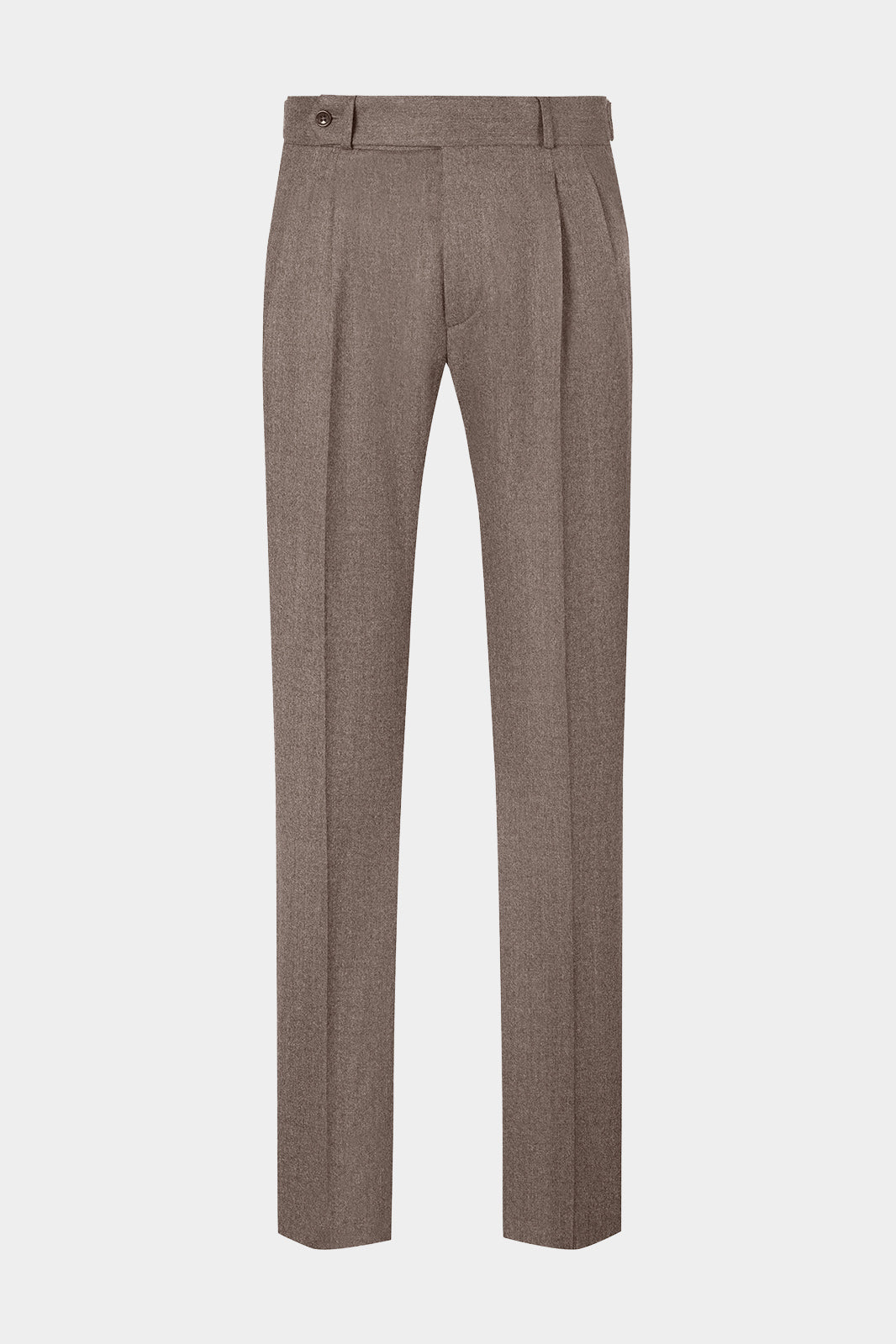 Vue sur fond blanc d'un pantalon double pinces en flanelle en taupe