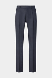 Vue sur fond blanc d'un pantalon en lin Leomaster double pinces à patte de serrage marine