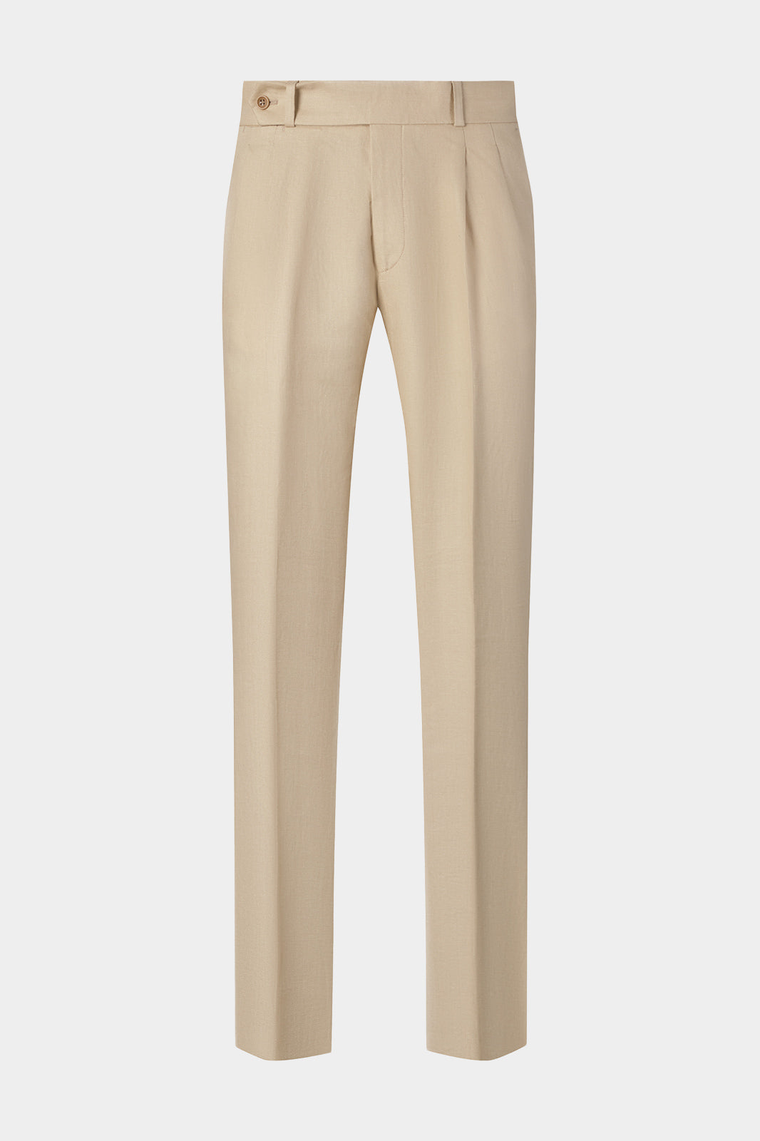 Vue sur fond blanc d'un pantalon en lin double pinces à pattes de serrages sable 