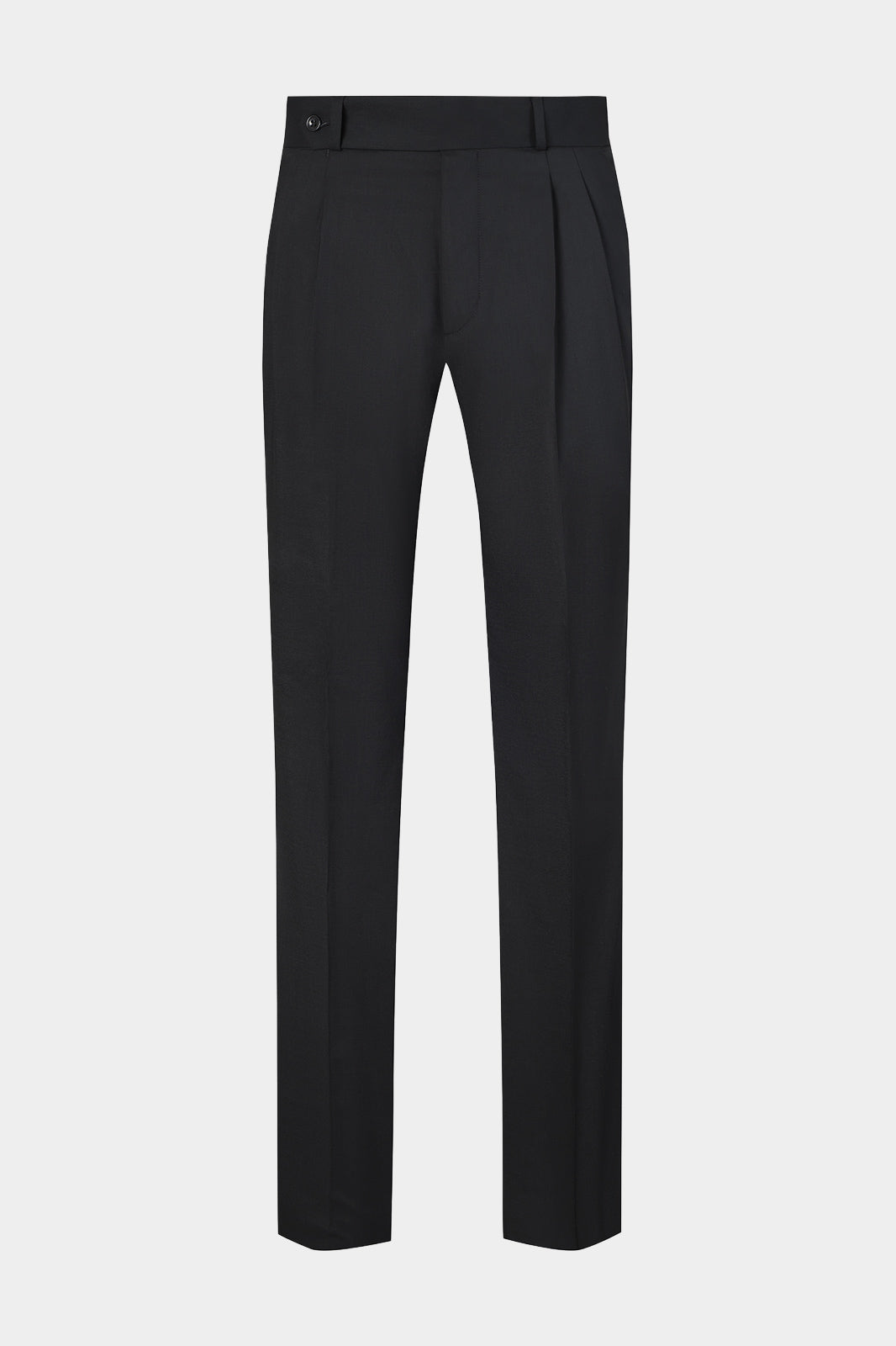 Vue sur fond blanc d'un pantalon double pinces en laine élasthanne de chez Reda noir