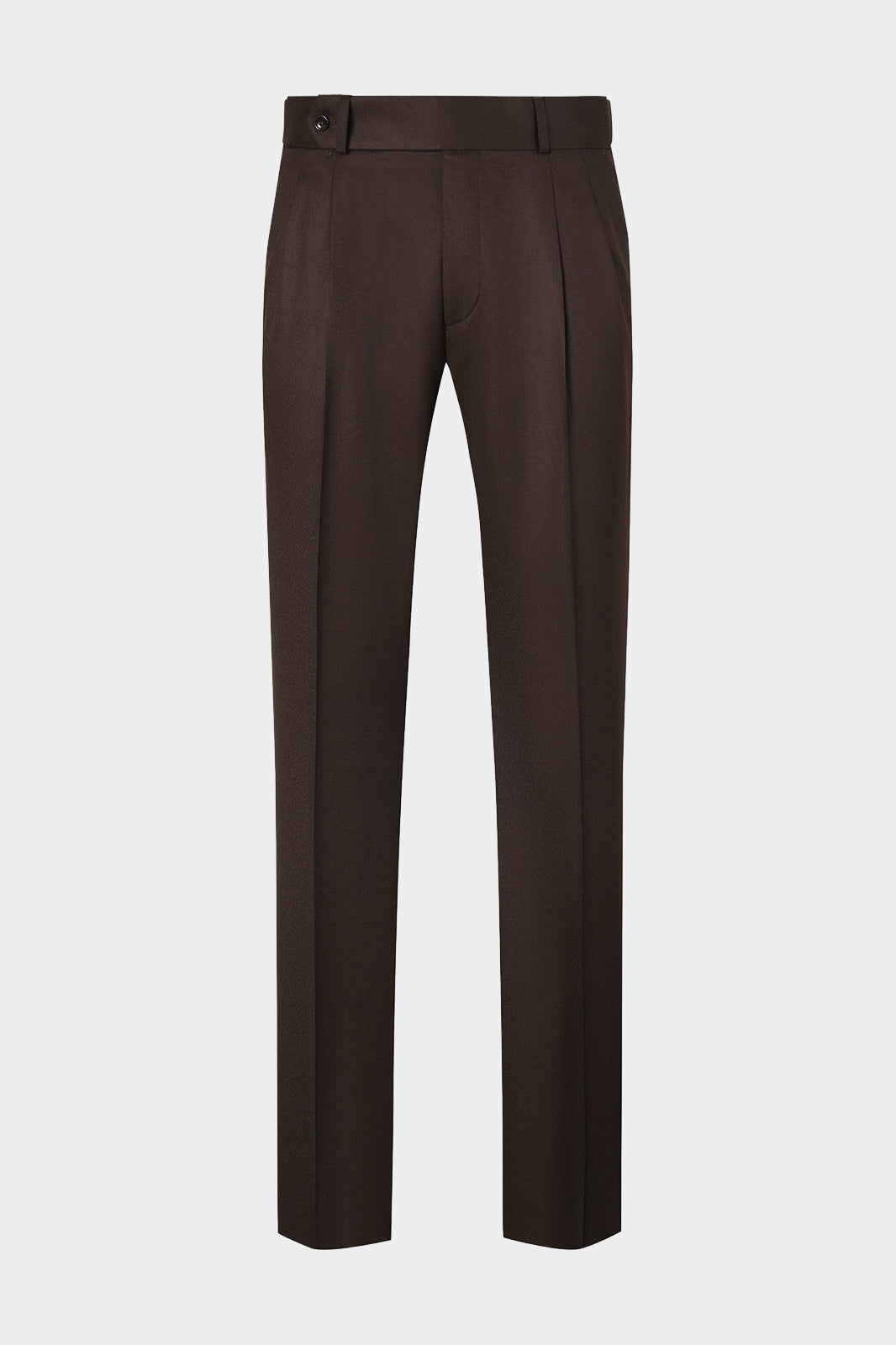 Vue sur fond blanc d'un pantalon double pinces en flanelle de chez Canonico en marron foncé