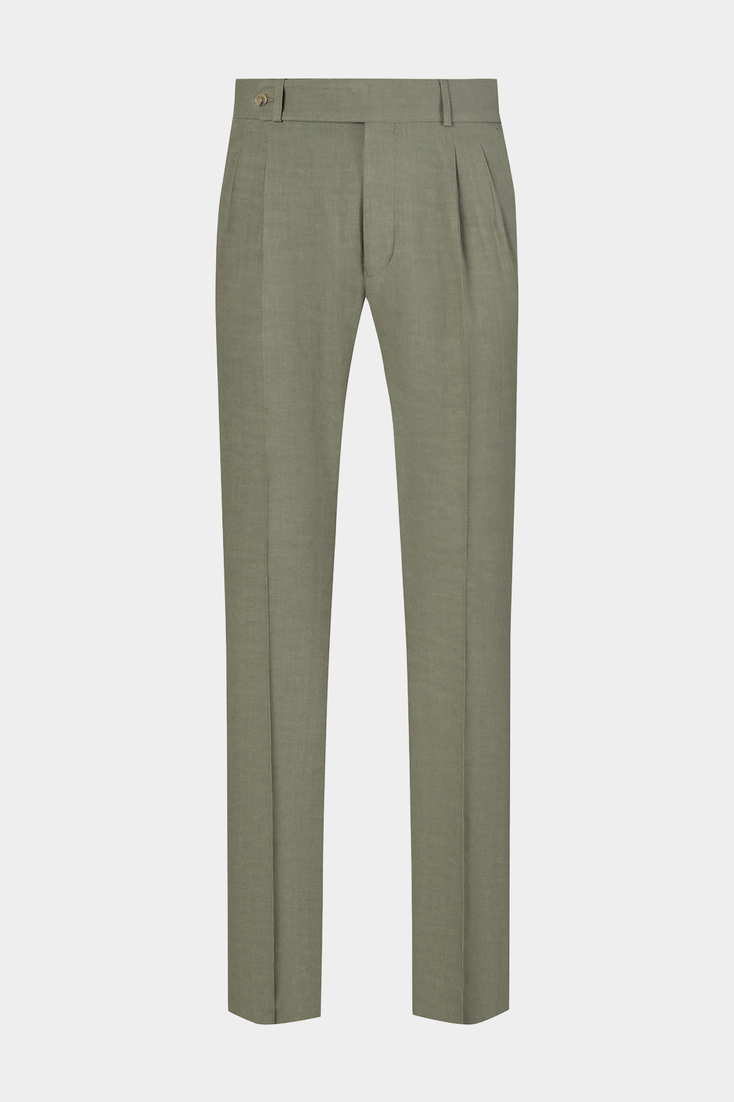 Vue sur fond blanc d'un pantalon double pinces en viscose et lin en kaki