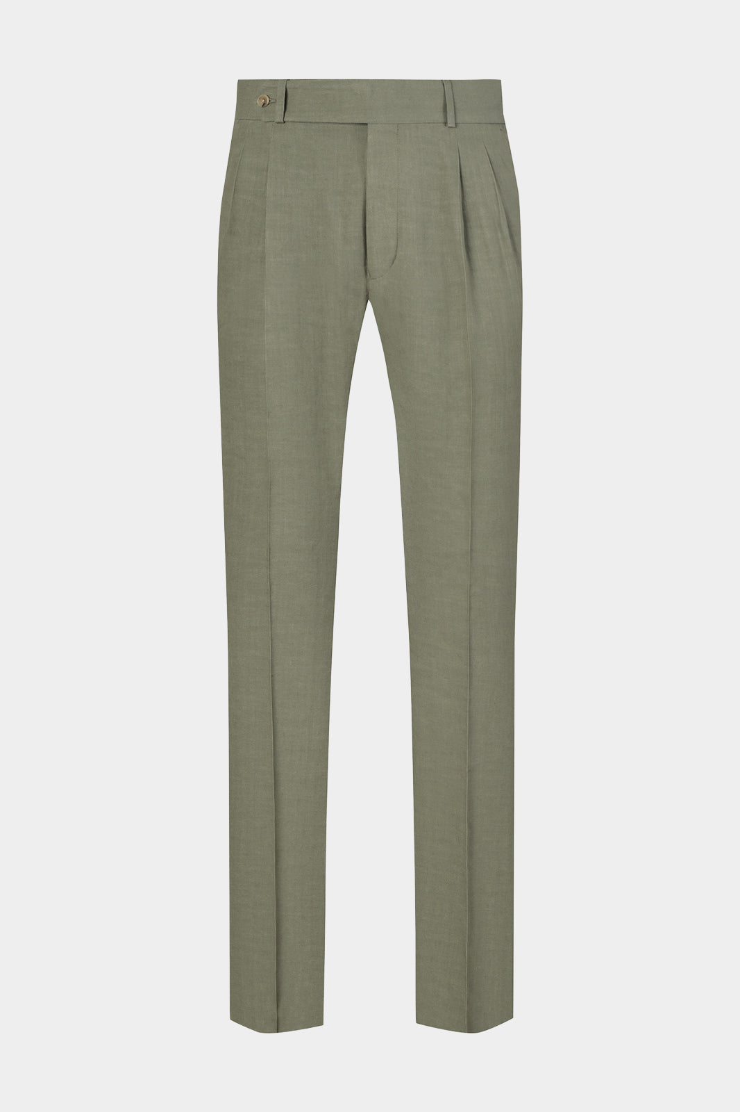 Vue sur fond blanc d'un pantalon double pinces en viscose et lin en kaki