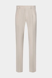 Vue sur fond blanc d'un pantalon double pinces Seersucker  rayé blanc et beige