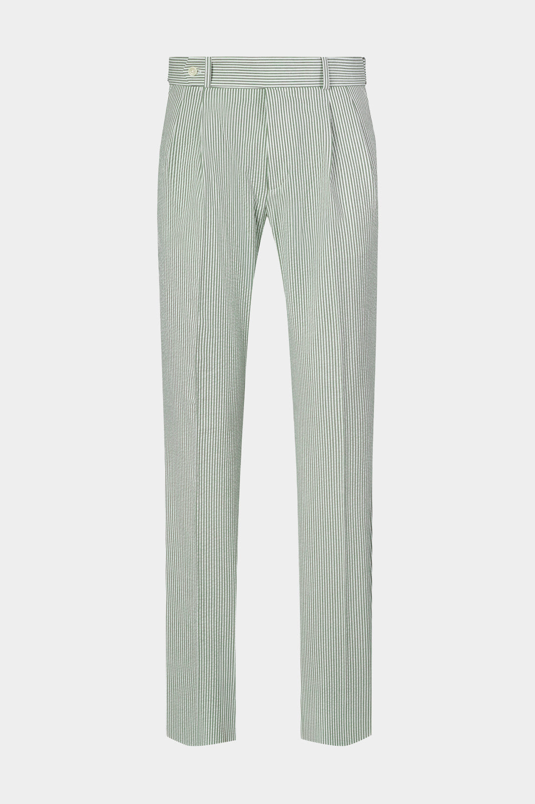 Vue sur fond blanc d'un pantalon rayé double pinces Seersucker en blanc et kaki 