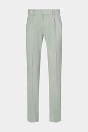 Vue sur fond blanc d'un pantalon rayé double pinces Seersucker en blanc et kaki 