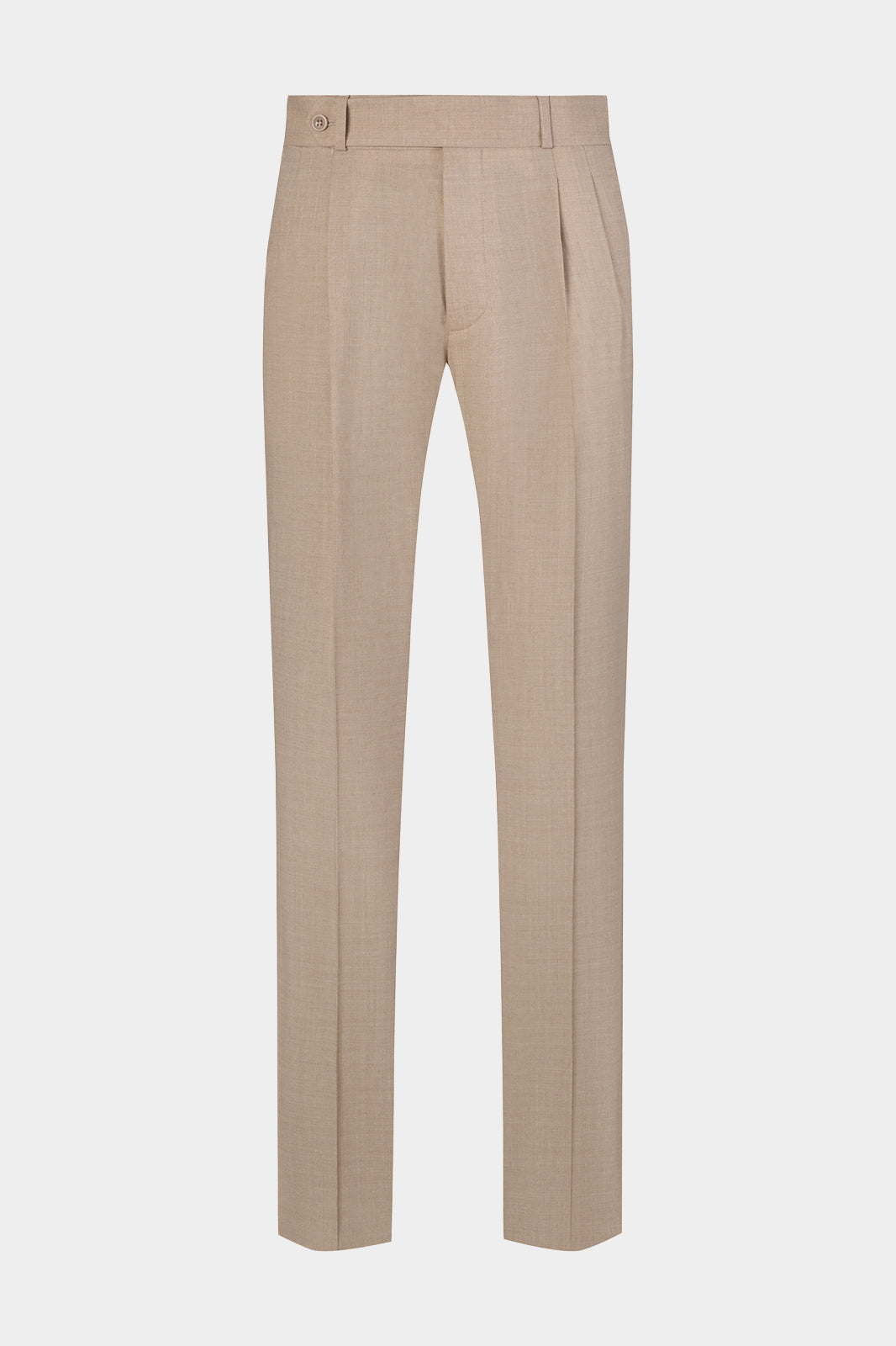 Vue sur fond blanc d'un pantalon double pinces en laine de chez Reda beige