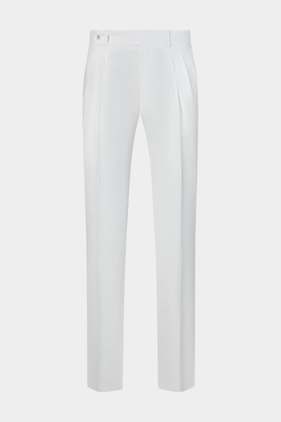 Vue sur fond blanc d'un pantalon double pinces en viscose et lin blanc 